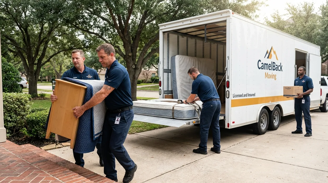 Crew loading residential truck for cross-state move from Hillsboro, ND
