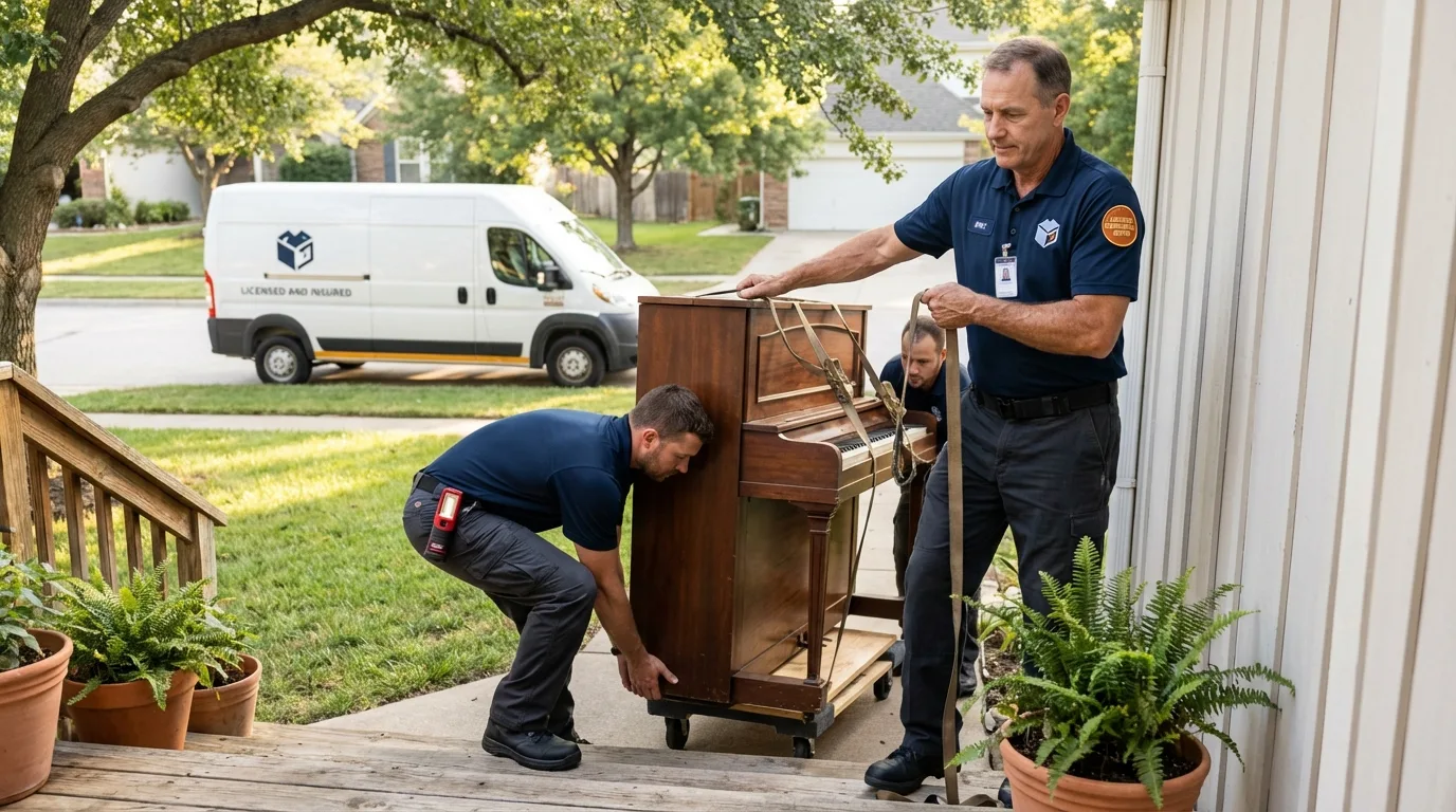 Licensed piano movers securing grand piano in Hillsboro, ND