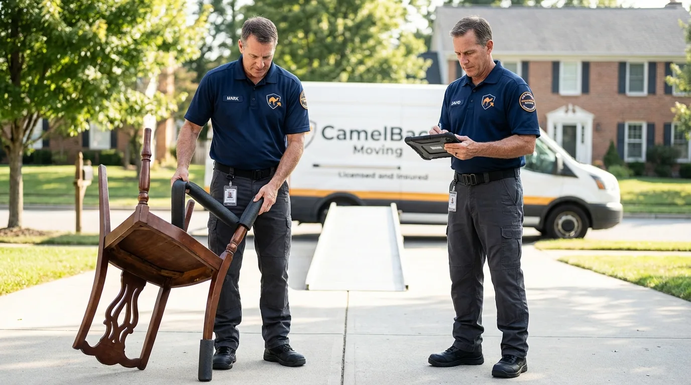 Movers inspecting furniture for damage prevention before loading in Hillsboro, ND