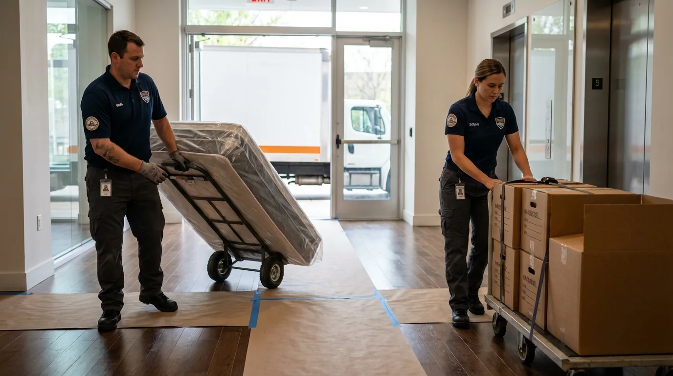 Professional apartment movers loading elevator in Hillsboro, ND